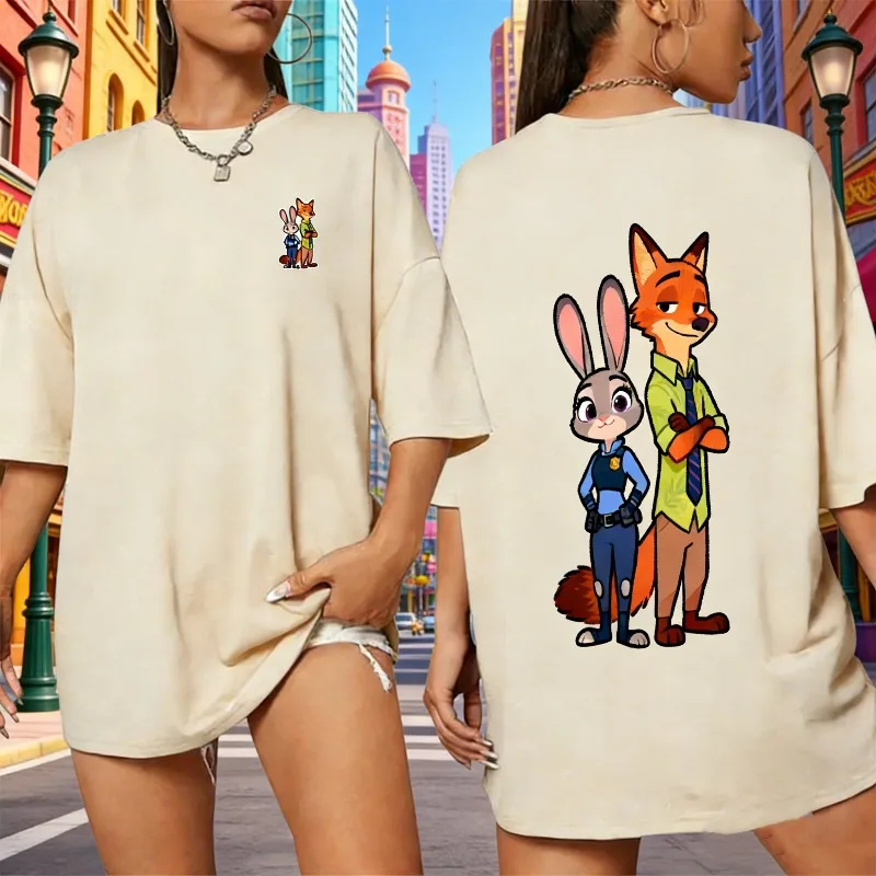 2025-26 Sommer Disney Zootopia Cartoon Hip Hop Muster 100% Baumwolle Gedruckt T-shirt Neue Animation Mode Sport frauen T-shirt