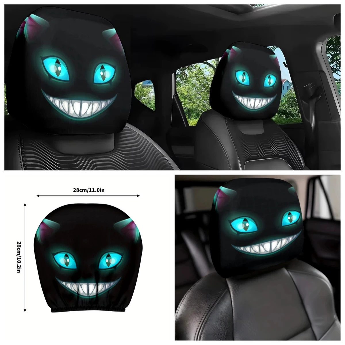 Smile Cat Atmungsaktive universelle dekorative Kopfstützenabdeckung für Autos mit leuchtenden blauen Augen, waschbare und dehnbare Autoteile Image