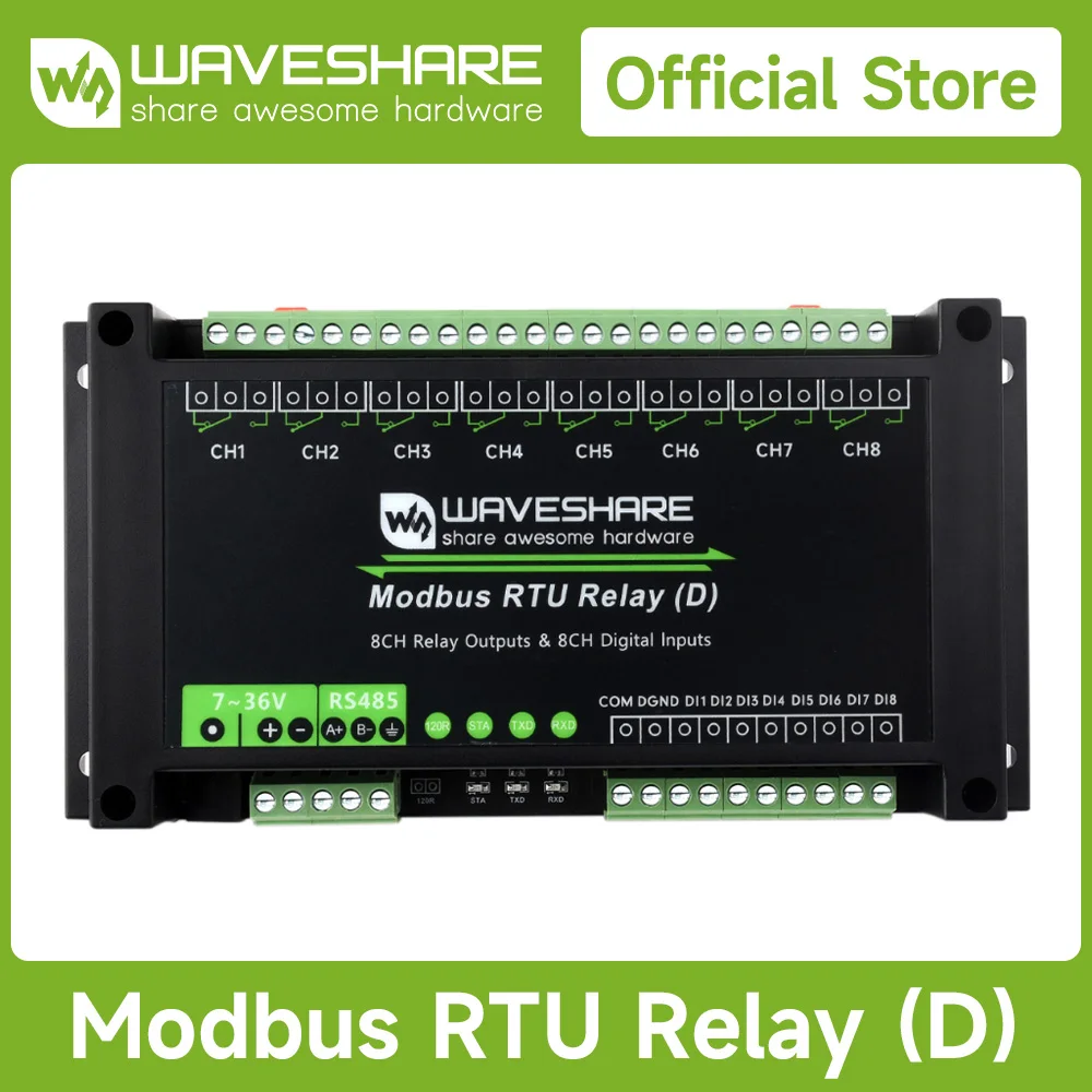Waveshare Industrial Modbus RTU 8-Kanal-Relaismodul (D) mit digitalem Eingang und RS485, Modbus RTU-Protokoll, 7~36V-Stromversorgung Image