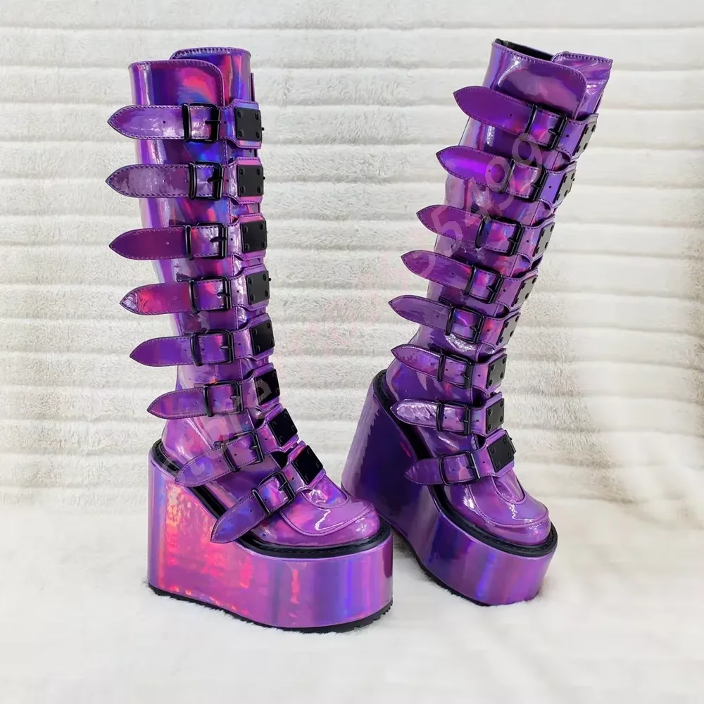 2025 neue Punk Runde Kappe Keil Party Bühne Stiefel Plattform Rock Gürtel Schnalle Motorrad Stiefel Street Fashion Große Größe Waden stiefel