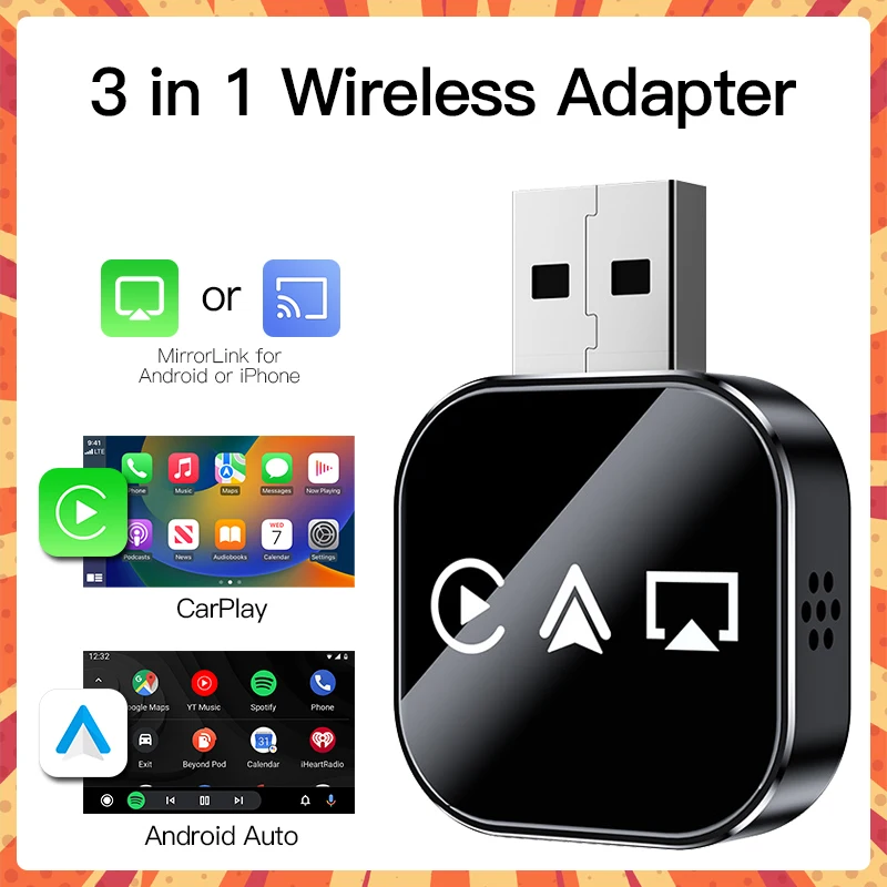 2026 Wireless CarPlay Android Auto Mirror Link 3-in-1-Adapter, sofort verkabelt in kabellos, Plug-and-Play für kabelgebundene Autospiele Image