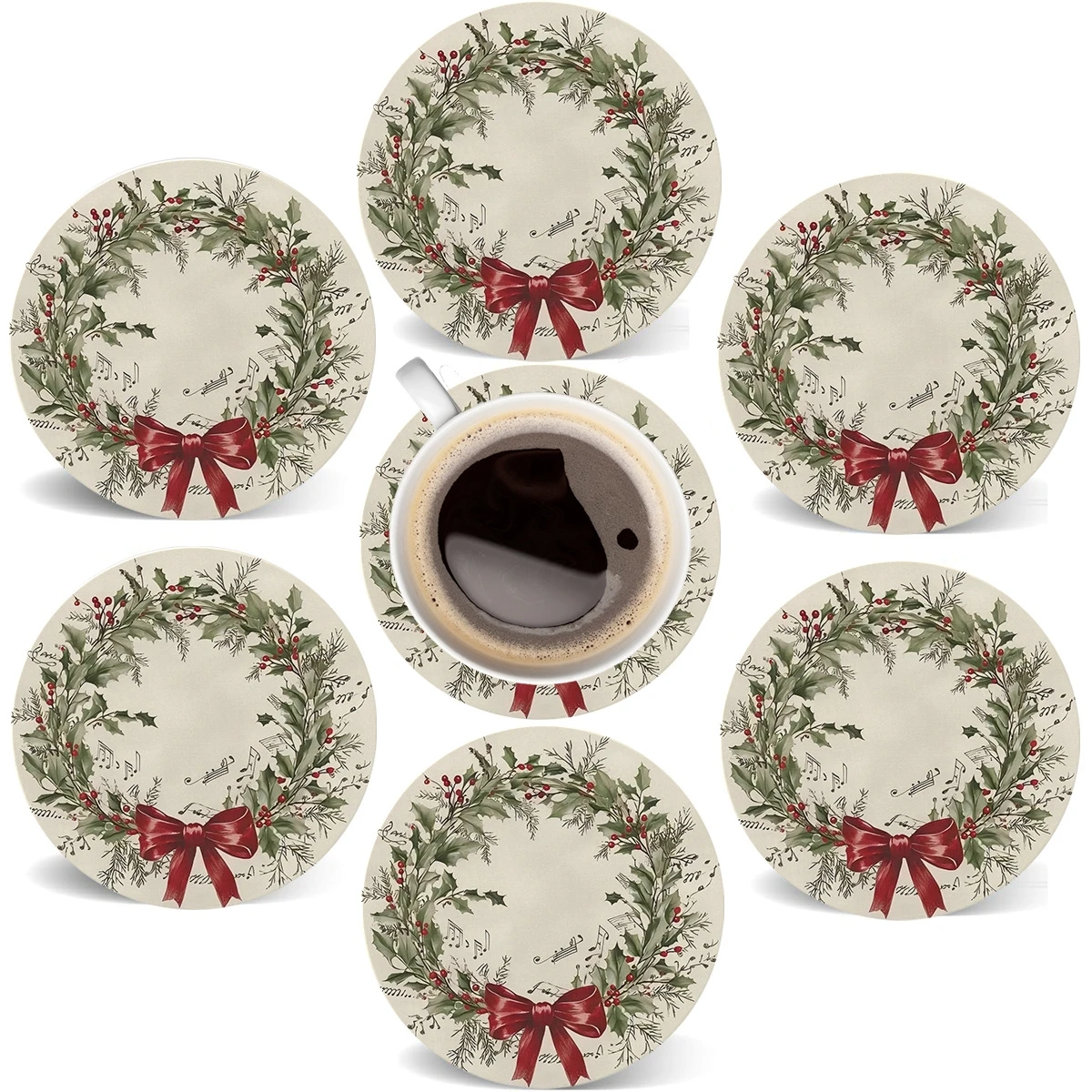 6 Stück 10,2 cm große Vintage-Untersetzer aus Holz, 2D-Flugzeug, rote Schleife und Tannenzapfen-Muster, Heimdekoration für Cafés und Esstische