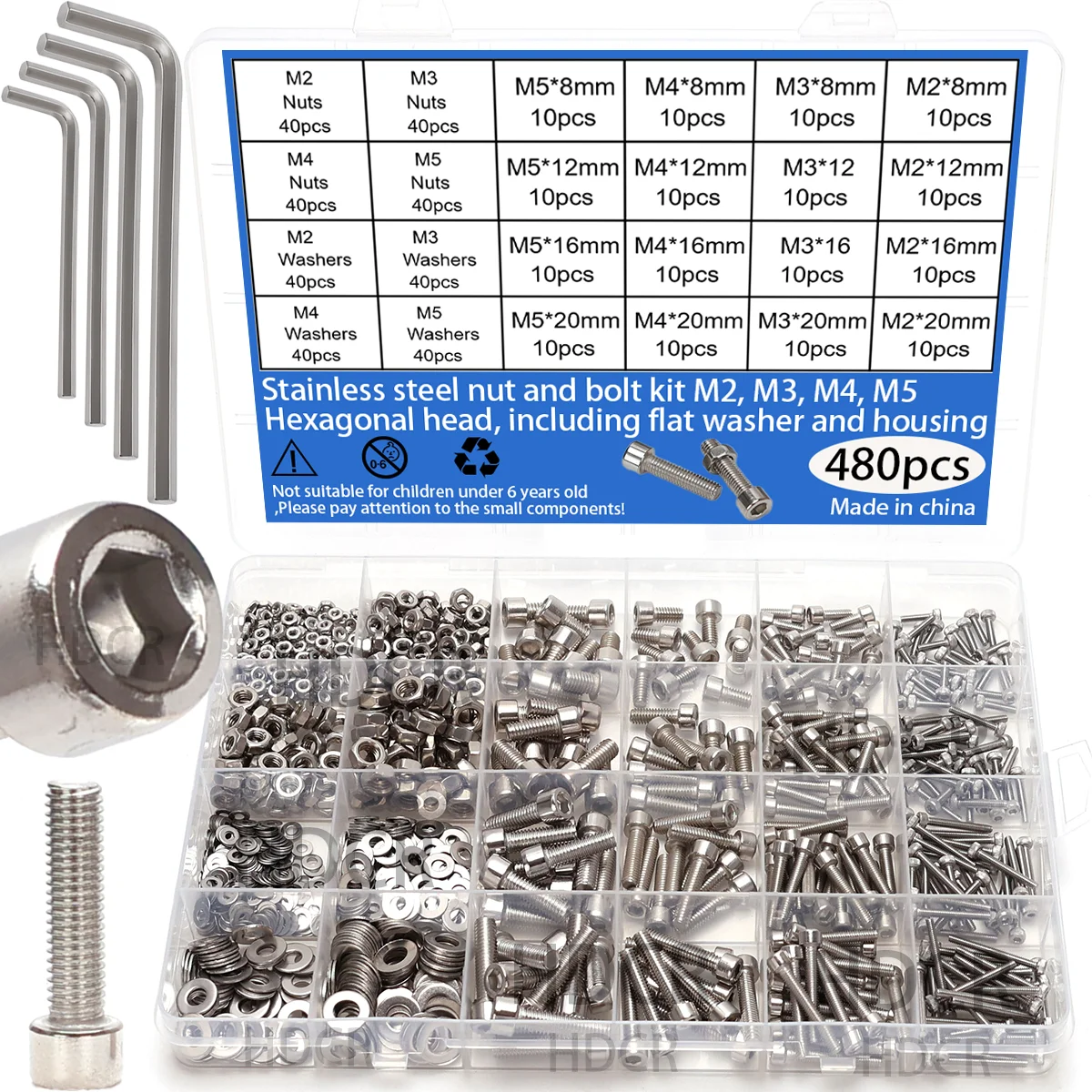 480-teiliger Sechskantmutter- und Bolzensatz aus Edelstahl – M3, M4, M5, M6 Sechskantkopf – inklusive flacher Unterlegscheibenschlüssel und Becherkopfschraube Image