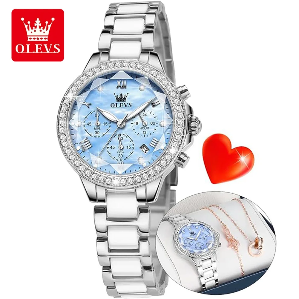 OLEVS Damenuhr, luxuriös, modisch, Rautenspiegel, Chronograph, Quarz-Armbanduhr, elegante Damenuhr mit Armband, Halskette 9999 Image