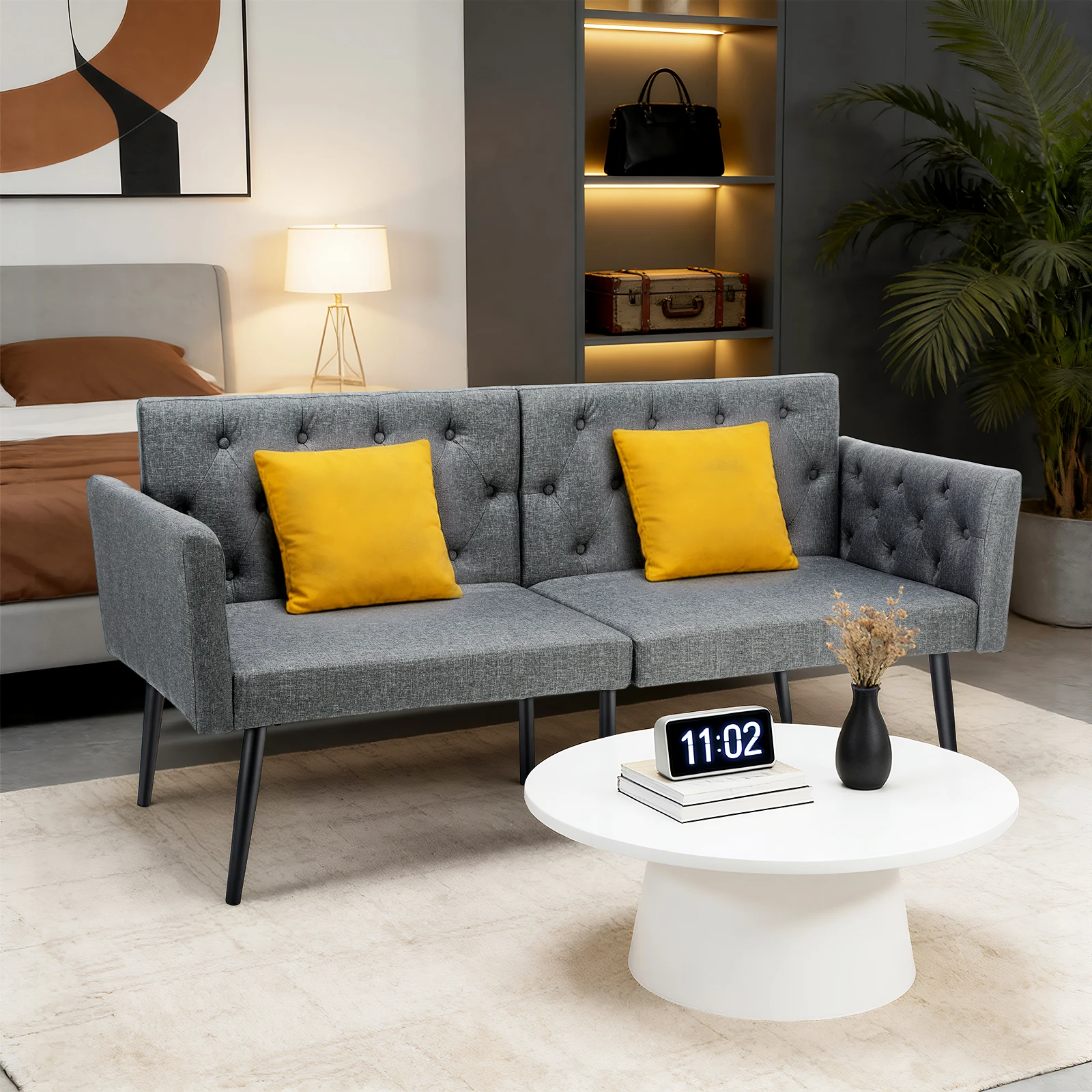 Doppelsofa Schlafsofa mit Bettfunktion, Verstellbar Sessel mit Armlehne, 2in1 Klappbett Schlafsessel Gästebett Chaiselongue Grau