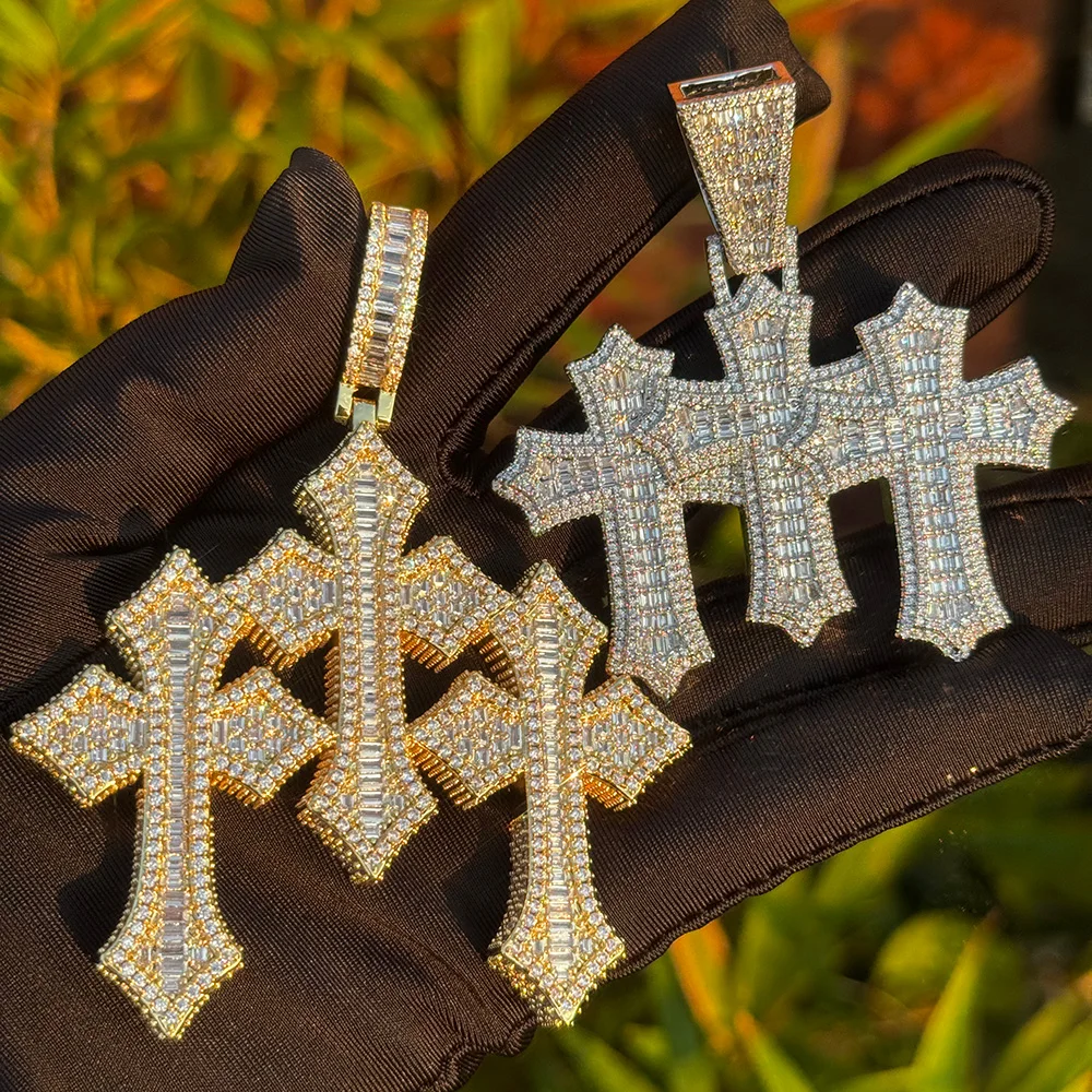 ESKEEM Iced Out Kristall Drei Kreuz Anhänger Halskette Große Größe Glänzende Baguette Diamant Charme Kreuz Anhänger Hip Hop Schmuck