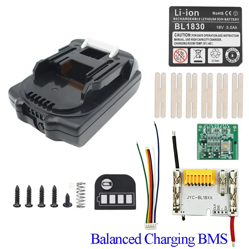 BL1820B Lithium-Batterie Fall 5X18650 BMS Ausgewogene Lade Platine PCBA LED Schlüssel Label Box Für Makita 18V BL1815 BL1830 Image