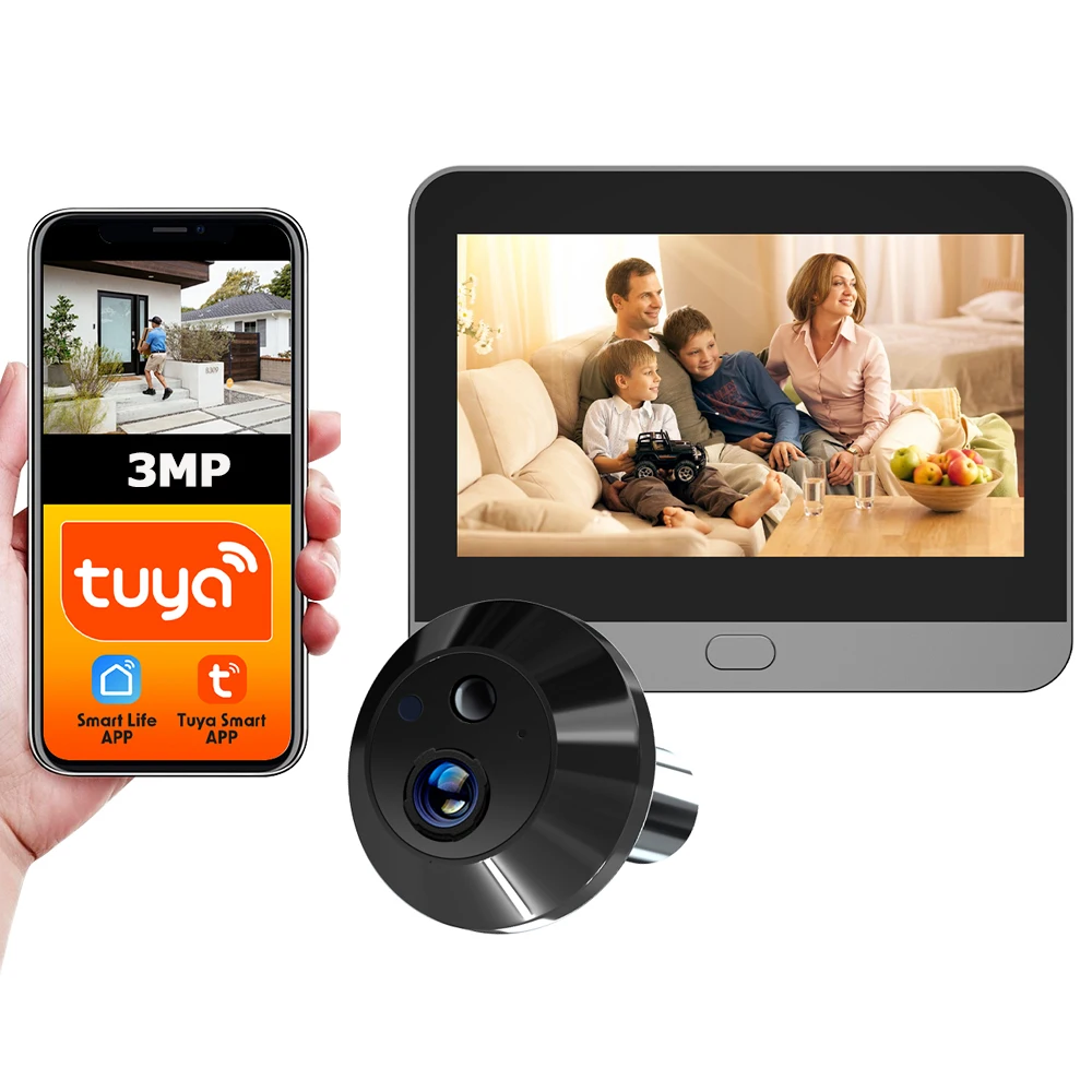 APP Tuya Smart Life 3MP 140 ° Ampia visualizzazione 2.4G WiFi Spioncino per porta Occhio PIR Visualizzatore digitale per visione notturna Telecamera a batteria Alexa Google
