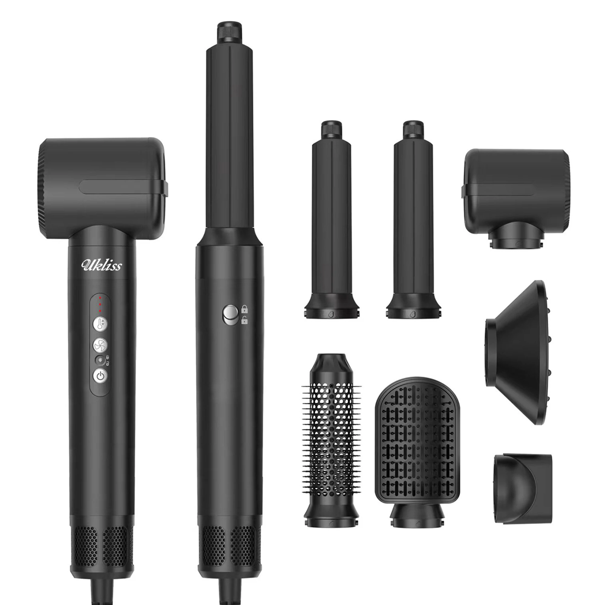 UKLISS Set styler e asciugacapelli 7 in 1, asciugacapelli a spazzola rotonda con curvatura automatica e cura degli ioni