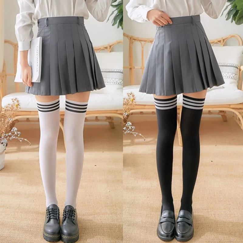 Calze lunghe Lolita tinta unita JK Donne Ragazze Collant bianchi neri carini sopra il ginocchio Calzini alti alla coscia Cosplay Calze di nylon sexy