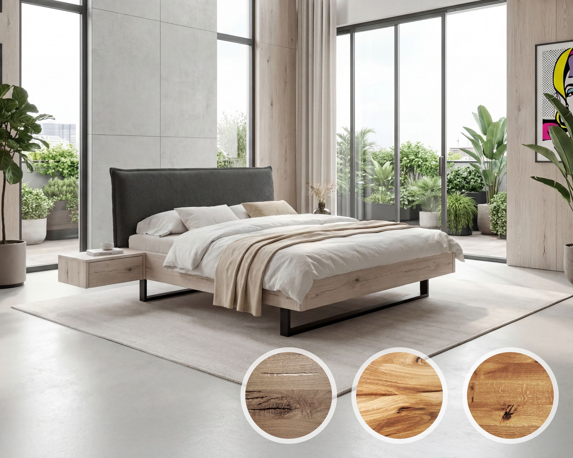 BlackWood »Nova Vita Contour III« Wildeiche Massivholzbett 200x200 cm / Wildeiche stone / Boucle Off-White Image