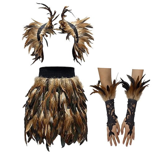 Karneval 2026 Rio Karneval Samba Zubehör 3Teile Damen Rot Feder Kostüm Set Gothic Schulterumhang Minirock Spitzenhandschuhe Brasilien Festival Aufführung Kostüm Image