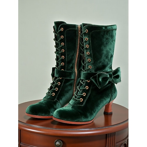 Grüne, kniehohe Schnürstiefel aus Samt mit Schleife – Vintage-Stiefel im Stil der 1920er Jahre für Karneval und festliche Anlässe Image