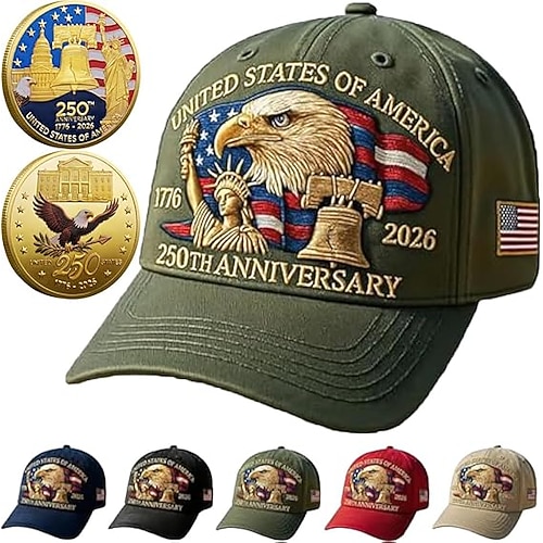 Vereinigte Staaten 250. Jubiläum Hut mit 2 Stück Gedenkmünzen Adler Freiheit 250 Jahre Amerikanisches Jubiläum Digital Bedruckte Kappe 4. Juli patriotisches Geschenk Semiquincentennial Image
