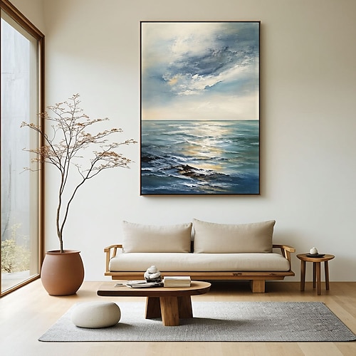 Abstraktes Gemälde, handgefertigt auf Leinwand, 100 % handgemaltes Ölgemälde, Sonnenaufgang, Meereswellen, Landschaft, strukturiertes Kunstwerk, originelles abstraktes extra großes Wandbild für Image