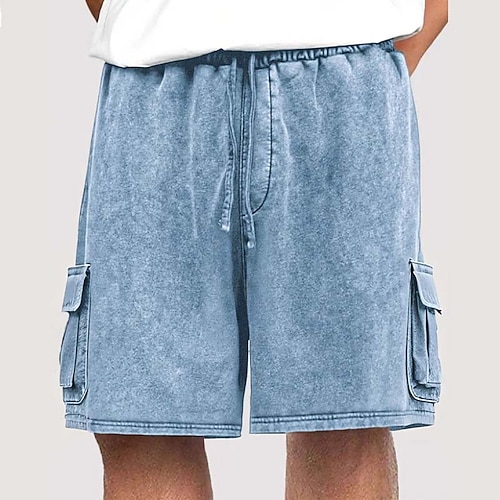 Herren Cargo-Shorts Sommershorts Freizeitshorts Acid Wash Shorts Kordelzug Elastischer Bund Mehrere Taschen Einfach Komfort Atmungsaktiv Knielang Täglich Urlaub Ferien Mode Retro Vintage Blau Schwarz Image
