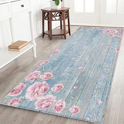 Flurläufer mit Pflanzen- und Blumenmuster aus Holz, bedruckter Flanellstoff, rutschfeste, weiche Fußmatte für Eingangsbereich, Badezimmer, Heimdekoration Image