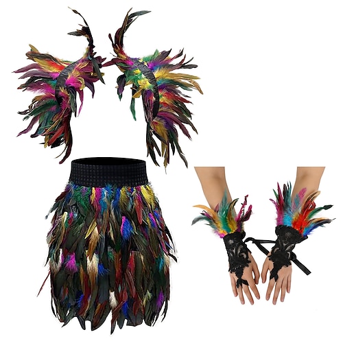 Karneval 2026 Rio Karneval Samba Zubehör 3Teile Damen Rot Feder Kostüm Set Gothic Schulterumhang Minirock Spitzenhandschuhe Brasilien Festival Aufführung Kostüm Image