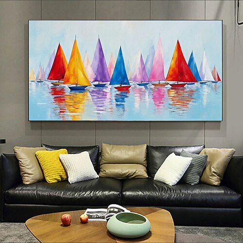 tela colorata con barche a vela, pittura murale, club velico, decorazione murale, poster di barche a vela, pittura a vela, barca a vela, arte nautica, pittura di barche, paesaggio marino, decorazione