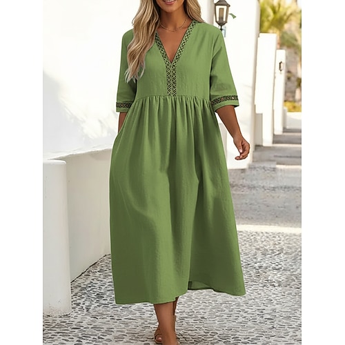 Damen Midikleid Baumwoll-Leinen-Kleider 100% Baumwolle Shiftkleid Mode Modern Outdoor Urlaub Ausgehen Lässiger Schnitt Einfach Halbarm V Ausschnitt Neon Gelb Weiß Rosa Grün Sommer Frühling Image