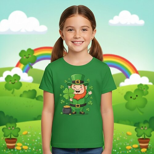 T-Shirt für Mädchen zum St. Patrick's Day aus 100 % Baumwolle, blau, schwarz, weiß, mit Kleeblattmuster, Rundhalsausschnitt, Kurzarm, ideal für Urlaub und Sport. Outdoor-Kleidung für den Alltag, Image
