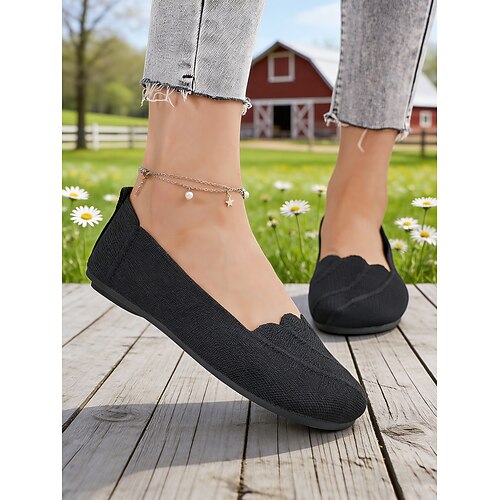 Weiße, dehnbare Damen-Ballerinas mit weitem Schnitt und geschwungenem Rand, weiche Strick-Slipper für bequemen Tragekomfort im Alltag, bei Freizeitaktivitäten, auf Reisen und im Frühling/Sommer. Image