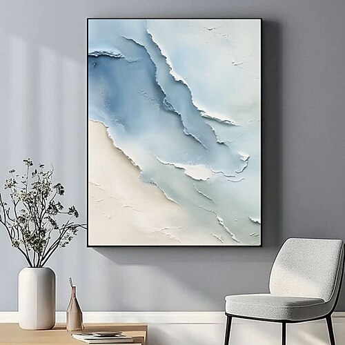 Großes, handgemaltes abstraktes 3D-Textur-Ozeanbild, Wellen, abstraktes Gemälde, blaue abstrakte Wandkunst, weiße Texturmalerei, Strandlandschaftsgemälde Image