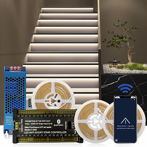 Intelligentes, per Bluetooth-App gesteuertes LED-Treppenbeleuchtungsset mit Bewegungsmelder, bestehend aus 12–32 LED-Streifen (1,25 m), die individuell kürzbar sind, inklusive Schalter und Image