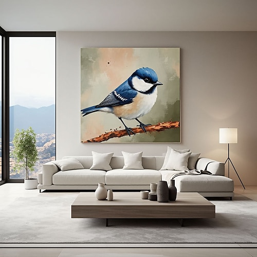 Handgemaltes, originelles Ölgemälde eines Vogels in leuchtendem Blau und Weiß – abstrakte Kunst, Miniatur-Wandbild, modernes Geschenk für Zuhause. Image