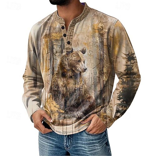 Herren Grafik Tiermotiv Henley Hemd Langarm Mode Täglich Retro Vintage Lässig Ferien Ausgehen Herbst Frühling Herbst Herbst Winter Blau Purpur Khaki Grau Henley Henley T-Shirt Image