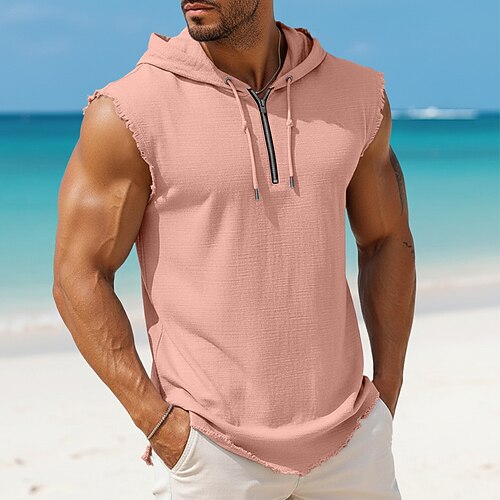 Herren Leinenhemd Tank Top Unterhemd Ärmellos Mit Kapuze Zur Seite fahren Sommer Einfach Mode Klassisch Modern Viertel Postleitzahl Lässig Fitnessstudio Straße Hellblau Schwarz Rosa Top T-Shirt für Image