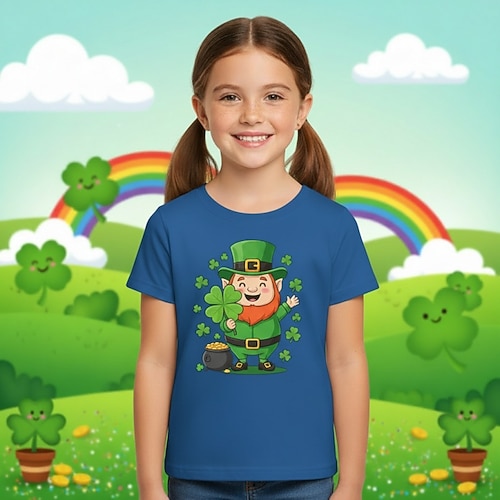T-Shirt für Mädchen zum St. Patrick's Day aus 100 % Baumwolle, blau, schwarz, weiß, mit Kleeblattmuster, Rundhalsausschnitt, Kurzarm, ideal für Urlaub und Sport. Outdoor-Kleidung für den Alltag, Image