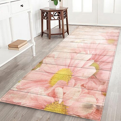 Flurläufer mit Pflanzen- und Blumenmuster aus Holz, bedruckter Flanellstoff, rutschfeste, weiche Fußmatte für Eingangsbereich, Badezimmer, Heimdekoration Image