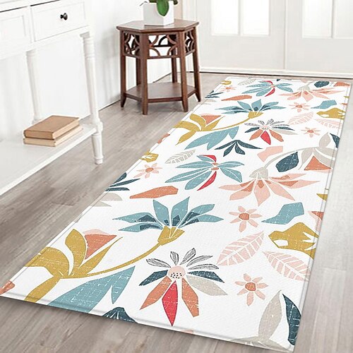 Flurläufer mit Blumenmuster, Flanellstoff, bedruckt, Heimdekoration, Eingangsbereich, staubdichte Fußmatte, saugfähiges, weiches Badezimmerkissen Image