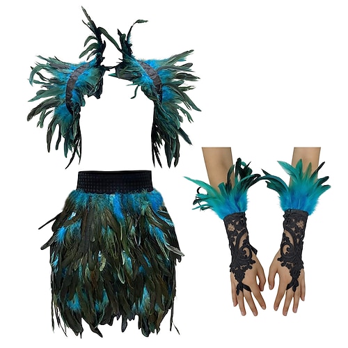 Karneval 2026 Rio Karneval Samba Zubehör 3Teile Damen Rot Feder Kostüm Set Gothic Schulterumhang Minirock Spitzenhandschuhe Brasilien Festival Aufführung Kostüm Image