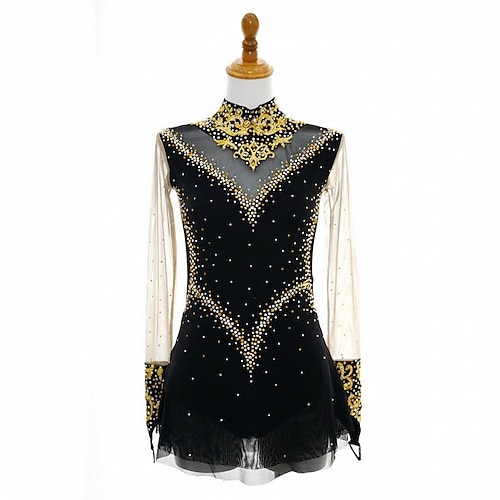 Eiskunstlaufkleid Damen Eislaufen Kleid Schwarz Patchwork Asymmetrischer Saum Spandex Netzstoff Hohe Elastizität Training Wettbewerb Eiskunstlaufkleidung Klassisch Kristall / Strass Langarm Eislaufen Image