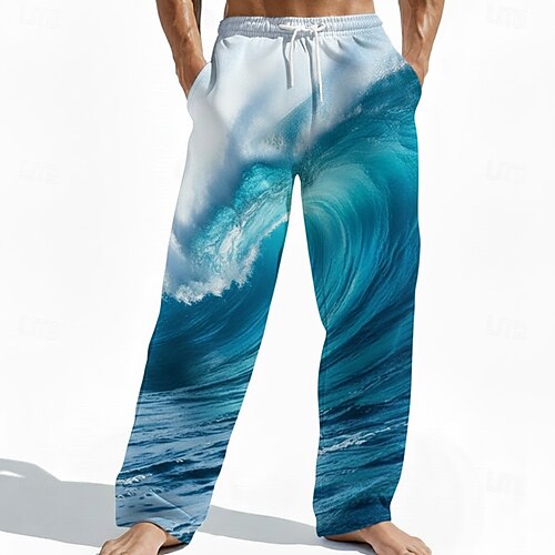 Herren Ozean Wellen Hose Freizeithose Baggy-Hosen Mittlere Taille Hawaiianisch Outdoor Urlaub Strandbekleidung Elastischer Kordelzug in der Taille Leinenähnliche Hose mit Taschen Sommer Frühling Image