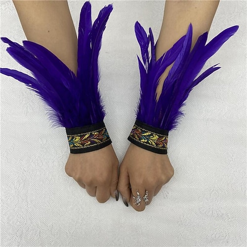 Karneval 2026 Rio Karneval Samba Zubehör Damen Schwarz Feder Handgelenk Manschetten mit Vintage Besticktem Band Brasilien Festival Aufführung Kostüm Image