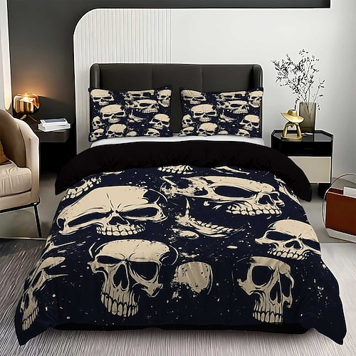 Bettwäsche-Set mit dunklem Totenkopfmuster im Hotelstil, bestehend aus 1 Bettbezug und 2 Kissenbezügen, aus weichem, flauschigem Stoff (ohne Bettdecke). Image