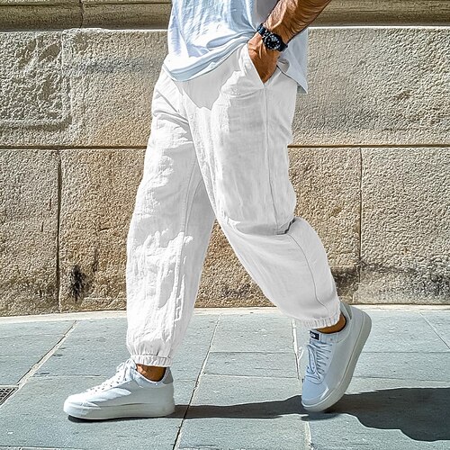 Herren Jogginghose Leinenhosen Hose Sommerhose Baggy-Hosen Kordelzug Elastischer Bund Einfach Komfort Atmungsaktiv Volle Länge Täglich Streetwear Ferien Urlaub Mode Blau Schwarz Unelastisch Image