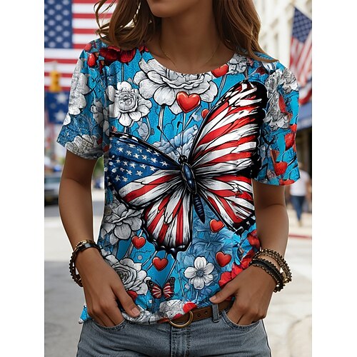 Unabhängigkeitstag Amerikanisches Jubiläum Patriotisches Damen T-Shirt Grafik Buchstabe Flagge Vintage Stilvoll Legere Kurzarm Rundhals Täglicher Wochenenddruck Blau Rosa Rot Sommer Frühling Image