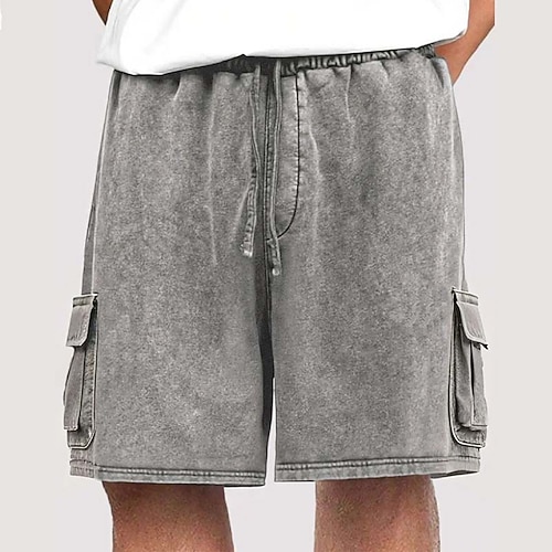 Herren Cargo-Shorts Sommershorts Freizeitshorts Acid Wash Shorts Kordelzug Elastischer Bund Mehrere Taschen Einfach Komfort Atmungsaktiv Knielang Täglich Urlaub Ferien Mode Retro Vintage Blau Schwarz Image