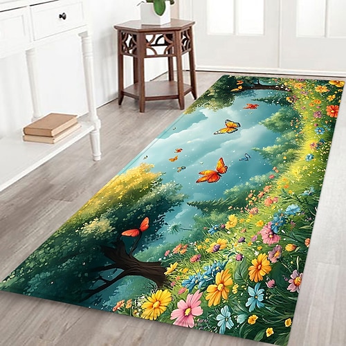 Flurläufer mit Pflanzen- und Blumenmuster, Flanellstoff, bedruckt, rutschfest, weich, für Eingangsbereich, Badezimmer Image