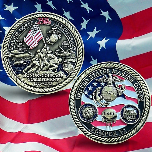 United States Marine Corps 250. Jubiläums-Challenge Coin Metall USMC Gedenk-Sammelmünze Militär-Veteranen-Geschenk patriotisches Souvenir für Marines Veteranen Semiquincentennial Image