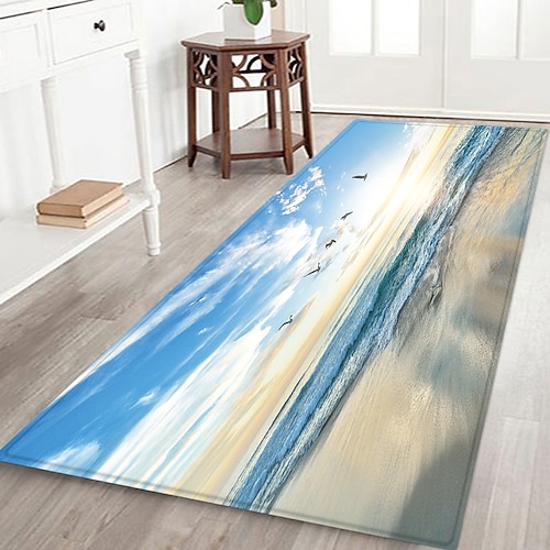 Flurläufer mit Strandmotiv, Flanellstoff, bedruckt, Heimdekoration, Eingangsbereich, staubdichte Fußmatte, saugfähiges, weiches Badezimmerkissen Image