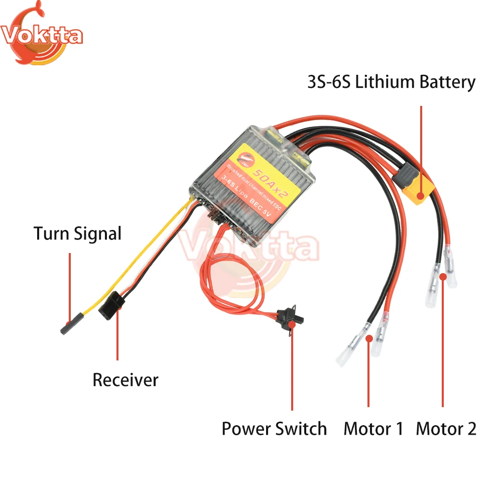 30A 50A 3-6S LiPo Brushed ESC 2-Kanal Bidirektionaler PWM-Signaleingangsmotor-Controller für RC-Autos/Boote/Raupenfahrzeuge Image