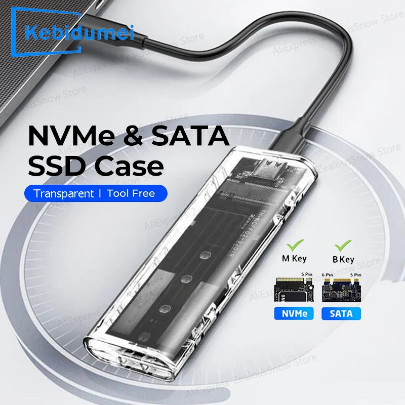 M.2 NVME PCIe-Protokoll NGFF SATA SSD-Gehäuse Klare USB Typ C 5/10 Gbit/s PCI-E M2 SSD Transparentes externes Gehäuse Festplattenbox Image