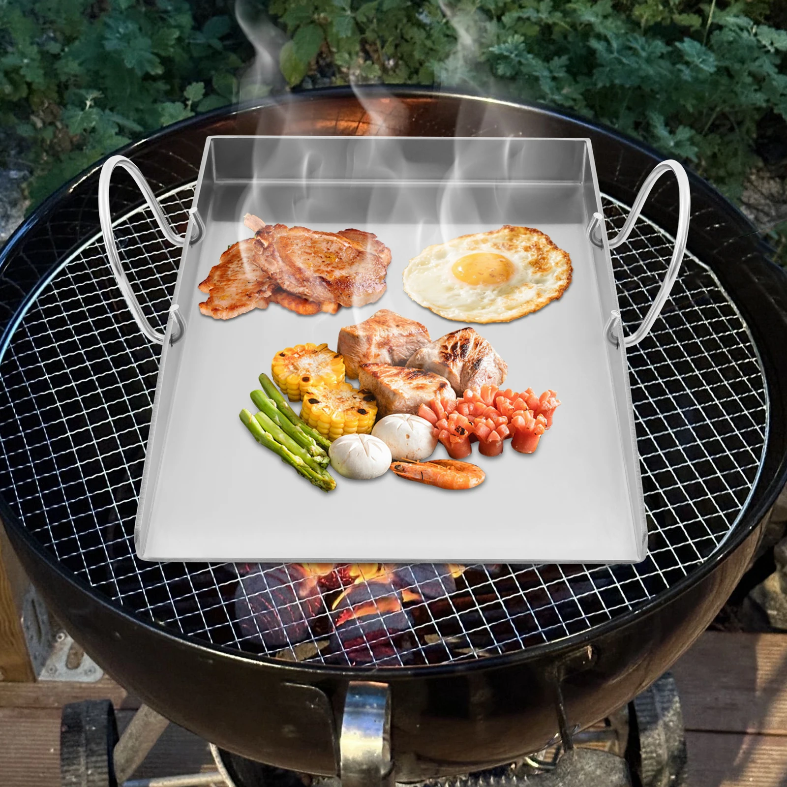 Outdoor-Grillplatte aus Edelstahl, Camping-Grill-Backblech mit abnehmbarem Griff, geeignet für Fleisch, Gemüse usw Image