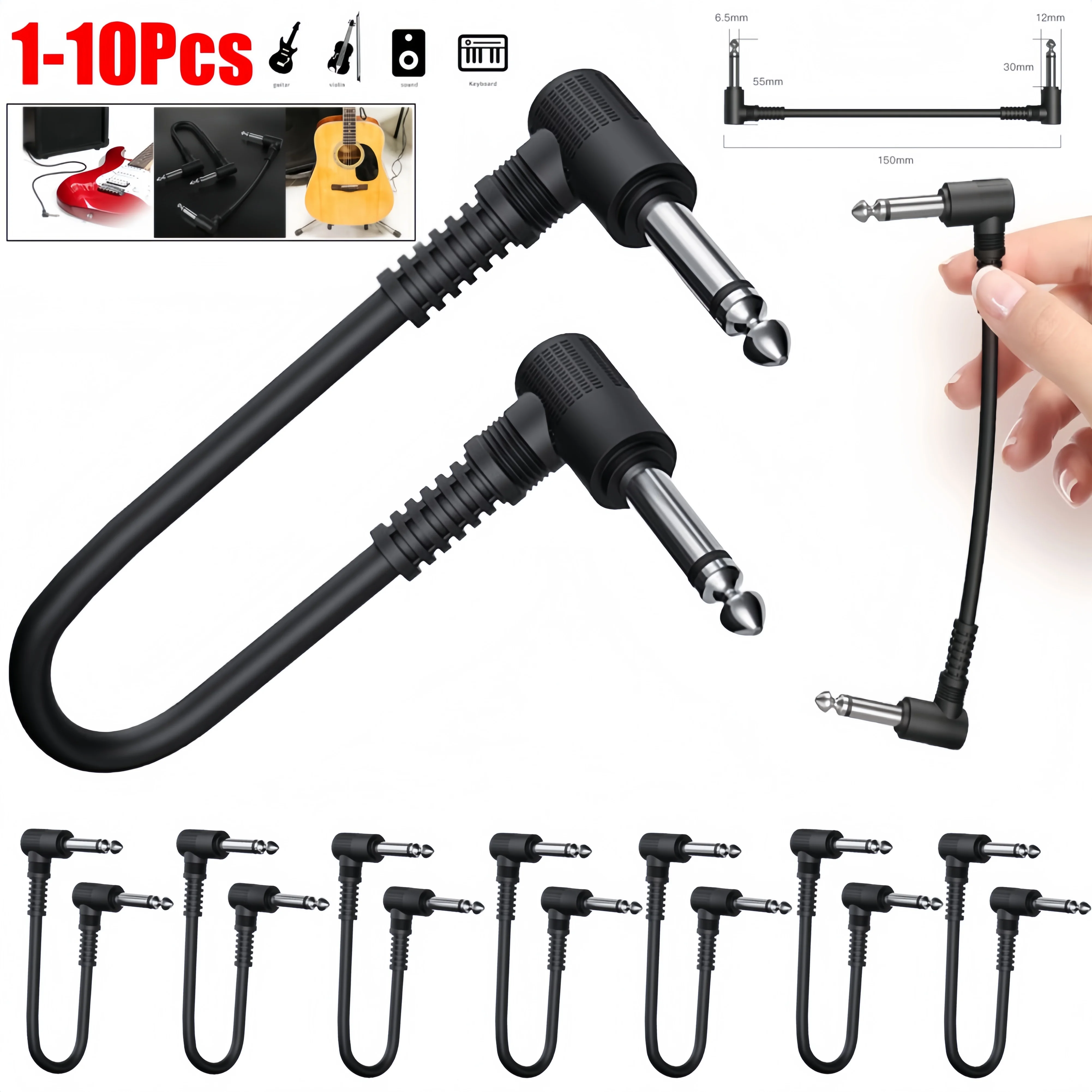 1-10 Stück Gitarreneffektpedal Flachkabel Patchkabel 15 cm Länge mit 1/4 Zoll rechtwinkligen Anschlüssen Patchkabel Kit Musical Ins Image