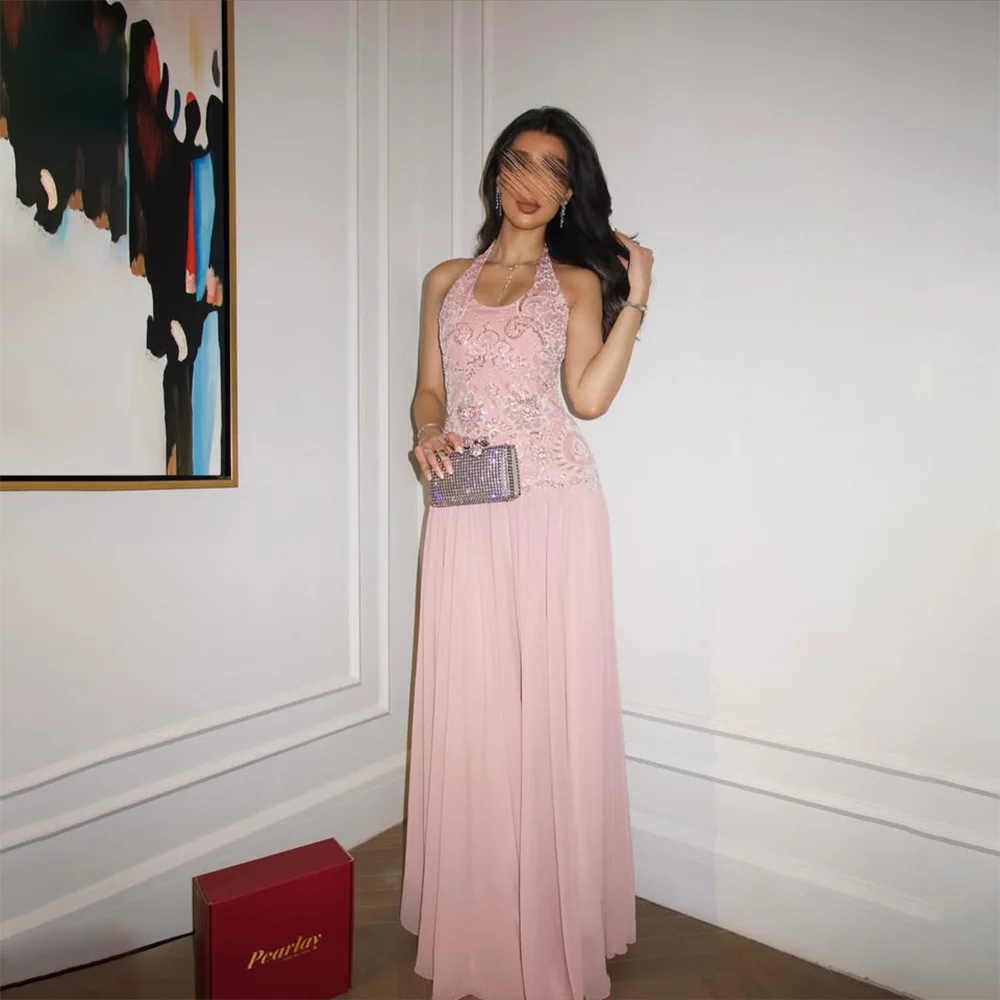 Modernes rosa Abendkleid, maßgeschneidert, mit Pailletten besetzt, Neckholder-Abschlussballkleid, plissiert, Chiffon, A-Linie, bodenlang, formelle Partykleider 20